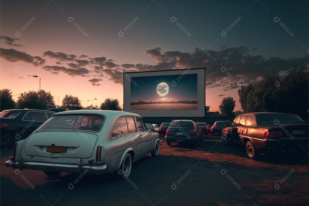 Casal em um carro assistindo a um filme em uma tela grande de cinema ao ar livre, para o conceito de cinema