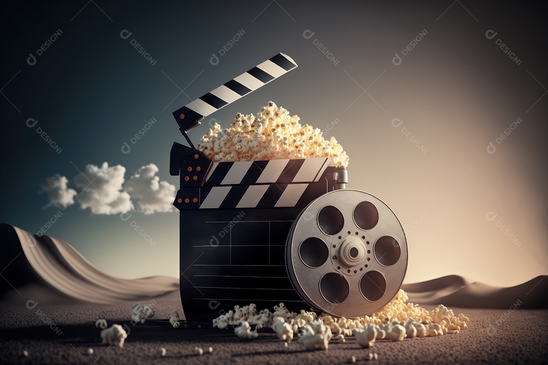 Balde de pipoca e refrigerante grande na bandeja em cima do assento do cinema com lounge e telão