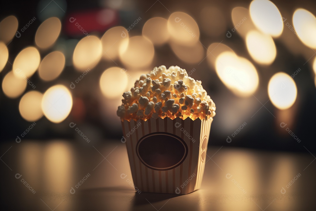 Balde de pipoca e refrigerante grande na bandeja em cima do assento do cinema com lounge e telão