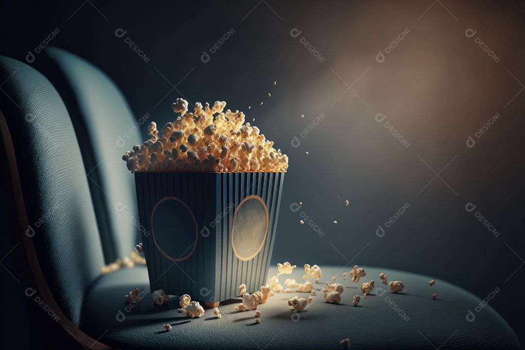 Balde de pipoca e refrigerante grande na bandeja em cima do assento do cinema com lounge e telão