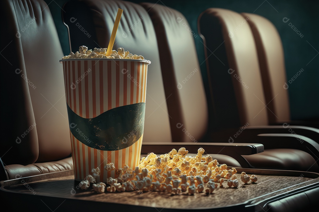 Balde de pipoca e refrigerante grande na bandeja em cima do assento do cinema com lounge e telão