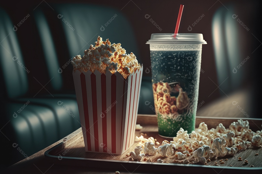 Balde de pipoca e refrigerante grande na bandeja em cima do assento do cinema com lounge e telão