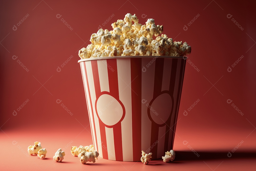 Balde de pipoca, claquete e carretel de filme dentro do grande cinema