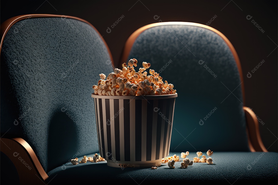 Balde de pipoca, claquete e carretel de filme dentro do grande cinema