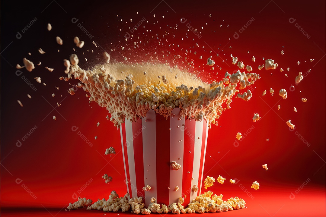 Balde de pipoca, claquete e carretel de filme dentro do grande cinema