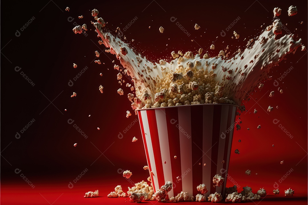 Balde de pipoca, claquete e carretel de filme dentro do grande cinema