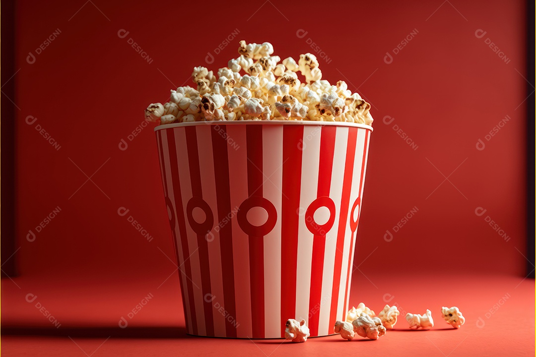 Balde de pipoca, claquete e carretel de filme dentro do grande cinema