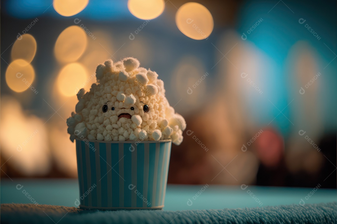 Um personagem balde de pipoca com um rosto em cima de uma cadeira de cinema assistindo a um filme. Conceito de cinema