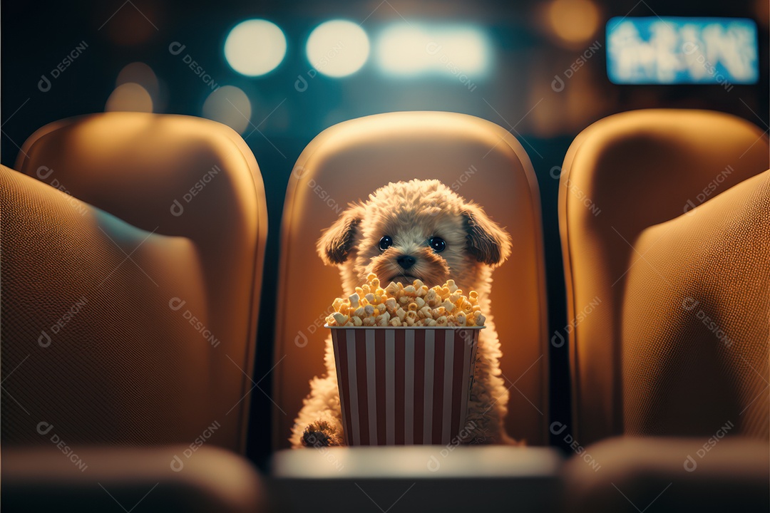 Brinquedo de pelúcia com balde de pipoca em cima da cadeira do cinema assistindo a um filme. Conceito de cinema