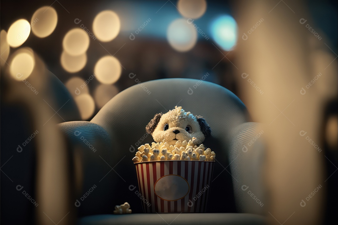 Brinquedo de pelúcia com balde de pipoca em cima da cadeira do cinema assistindo a um filme. Conceito de cinema