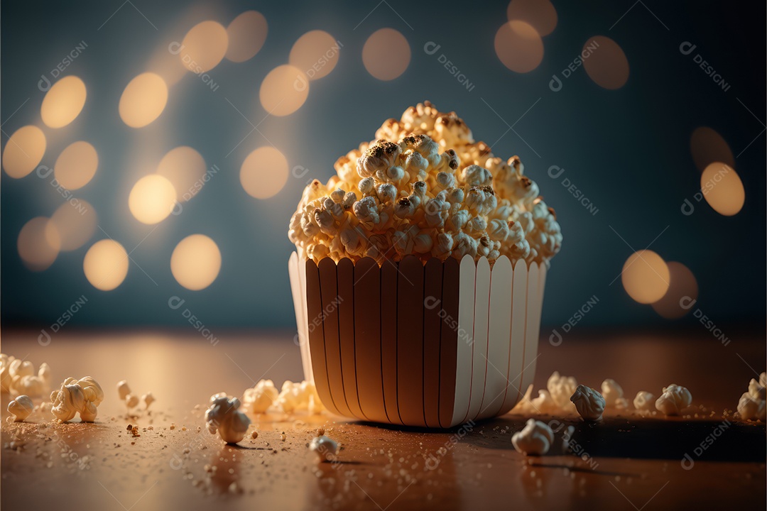 Balde de pipoca em cima de poltrona de cinema com sala e telão