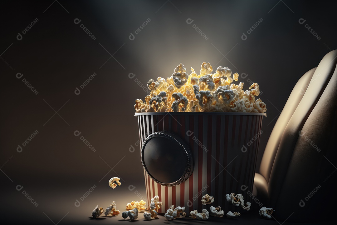 Balde de pipoca em cima de poltrona de cinema com sala e telão