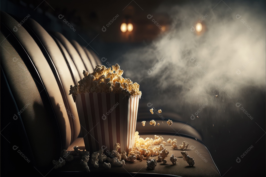 Balde de pipoca em cima de poltrona de cinema com sala e telão