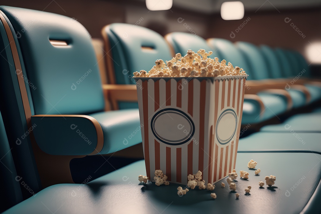 Balde de pipoca em cima de poltrona de cinema com sala e telão