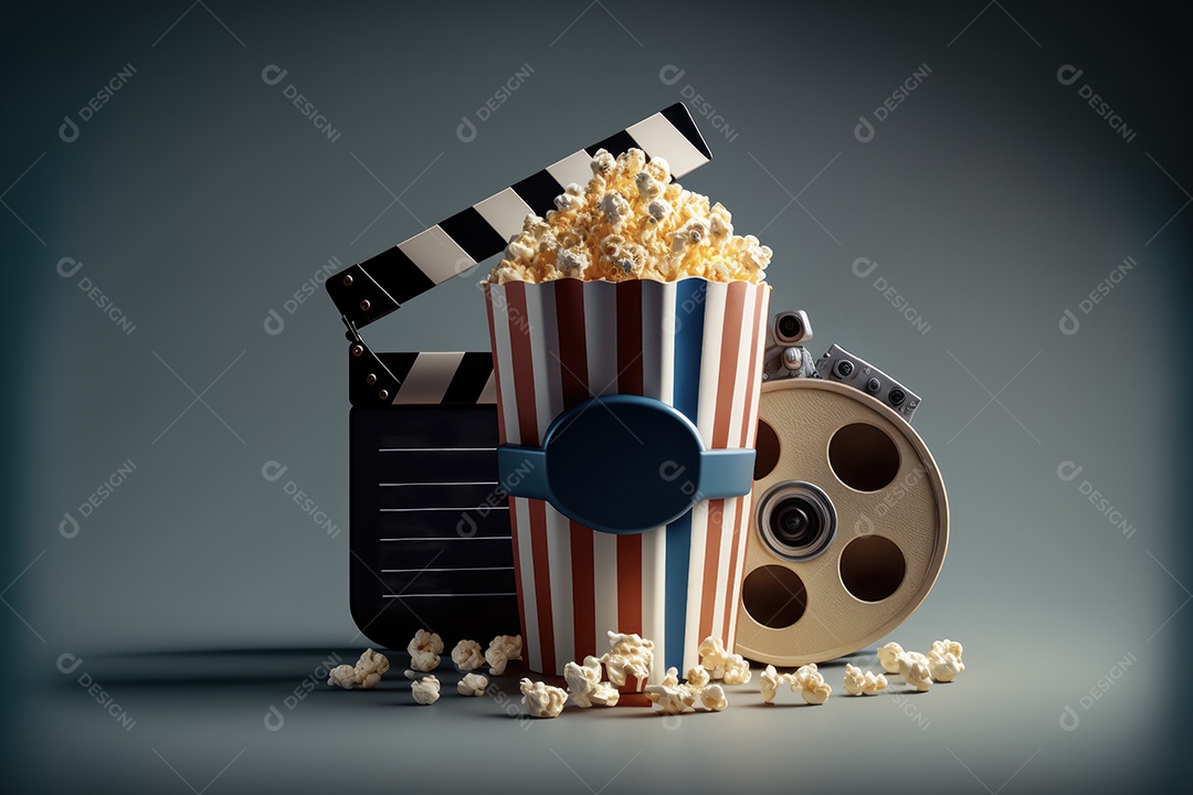 Balde de pipoca em cima de poltrona de cinema com sala e telão