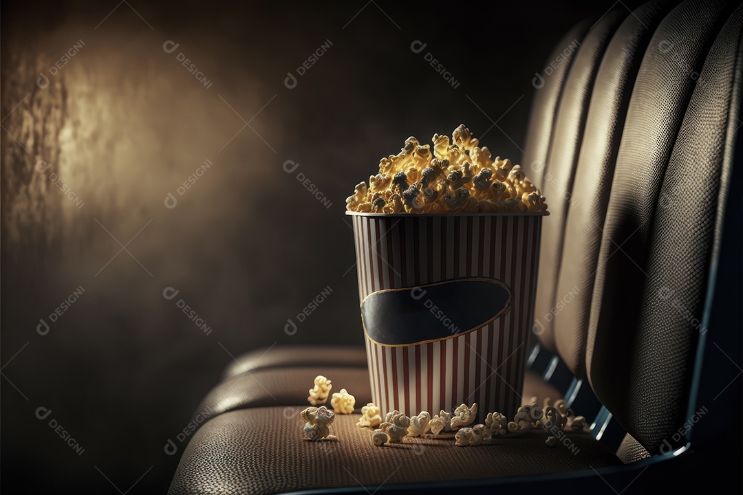 Balde de pipoca em cima de poltrona de cinema com sala e telão