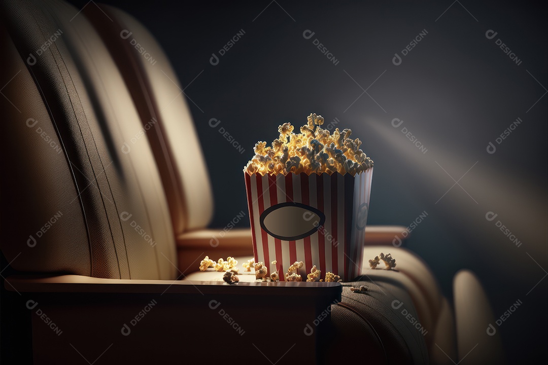 Balde de pipoca em cima de poltrona de cinema com sala e telão
