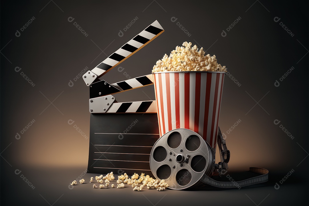 Balde de pipoca em cima de poltrona de cinema com sala e telão