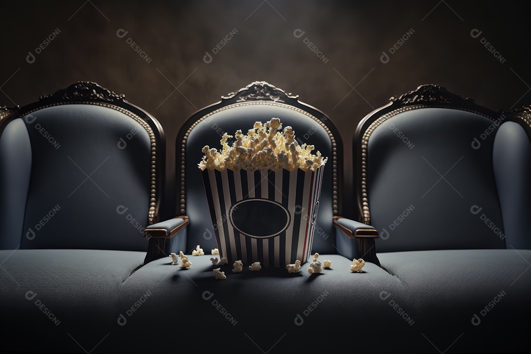 Balde de pipoca em cima de poltrona de cinema com sala e telão