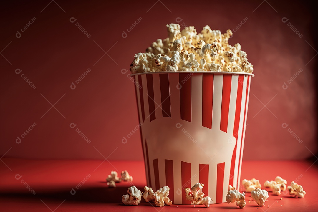 Balde de pipoca em cima de poltrona de cinema com sala e telão