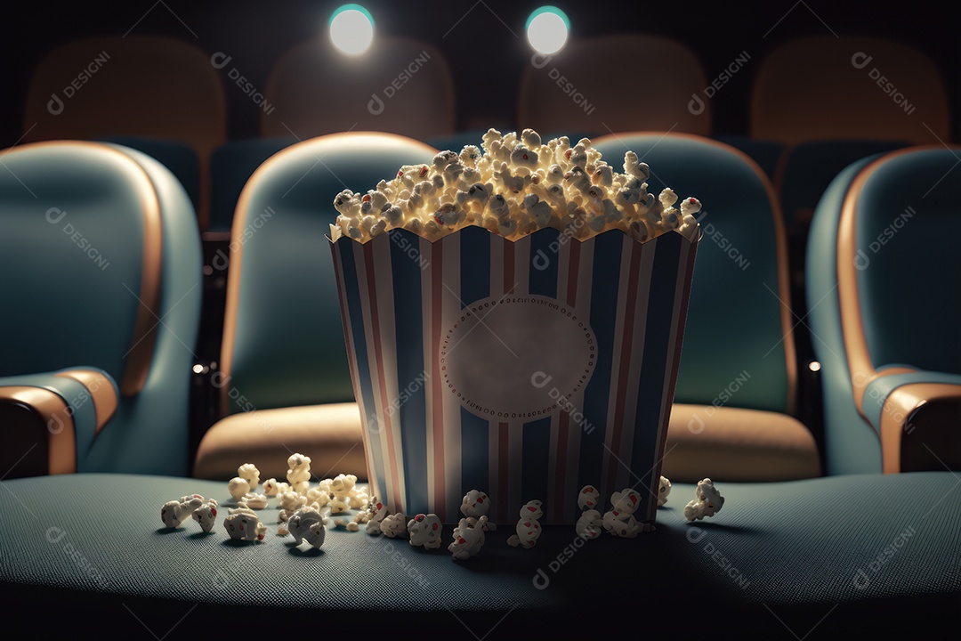 Balde de pipoca em cima de poltrona de cinema com sala e telão