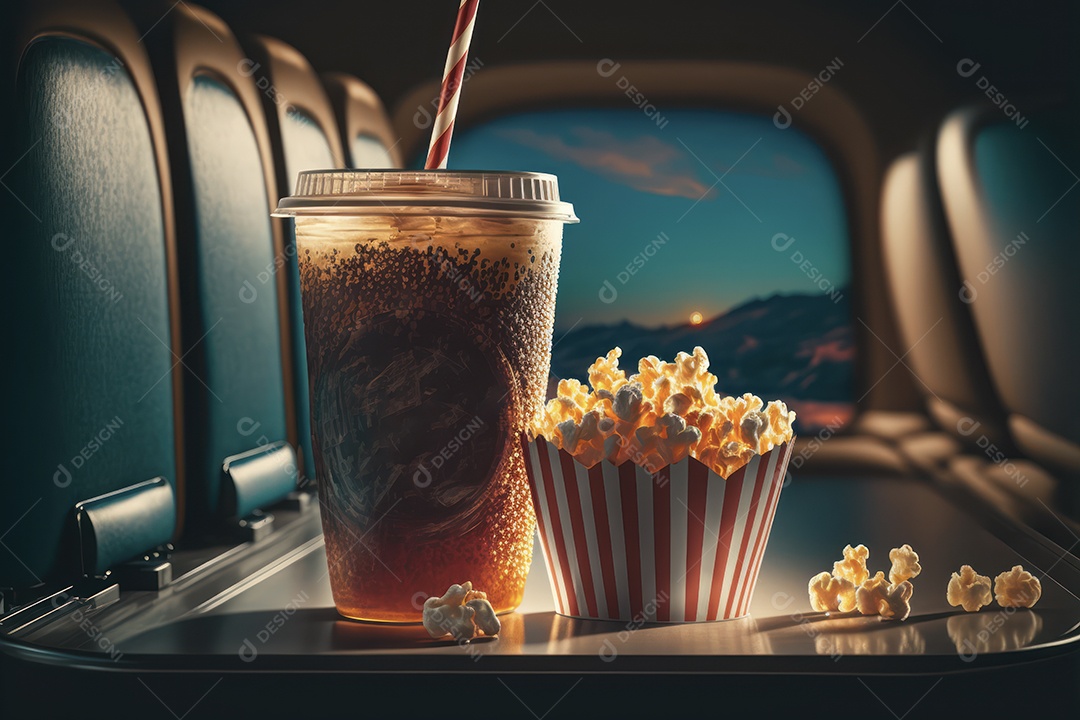 Balde de pipoca e refrigerante grande na bandeja em cima do assento do cinema com lounge e telão