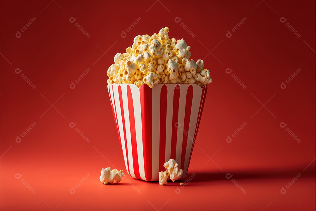 Balde grande de pipoca listrada vermelha e branca clássica em cima do assento do cinema. Conceito de cinema