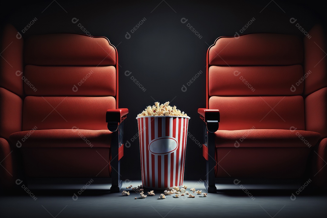 Balde grande de pipoca listrada vermelha e branca clássica em cima do assento do cinema. Conceito de cinema