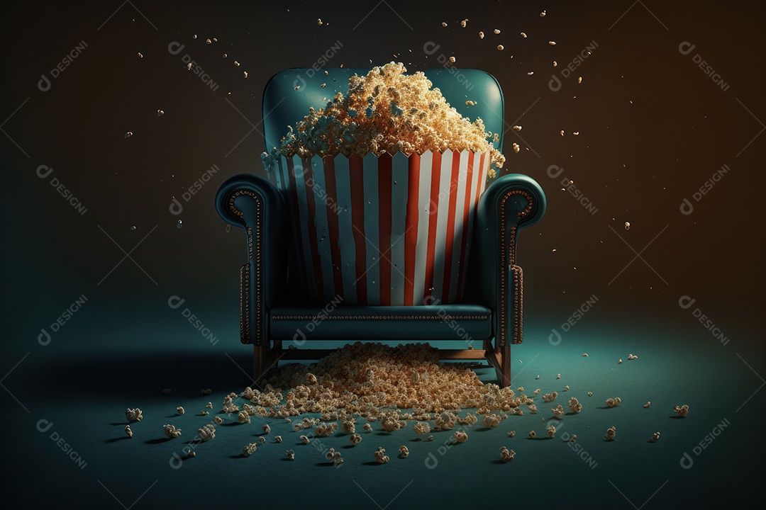 Balde grande de pipoca listrada vermelha e branca clássica em cima do assento do cinema. Conceito de cinema