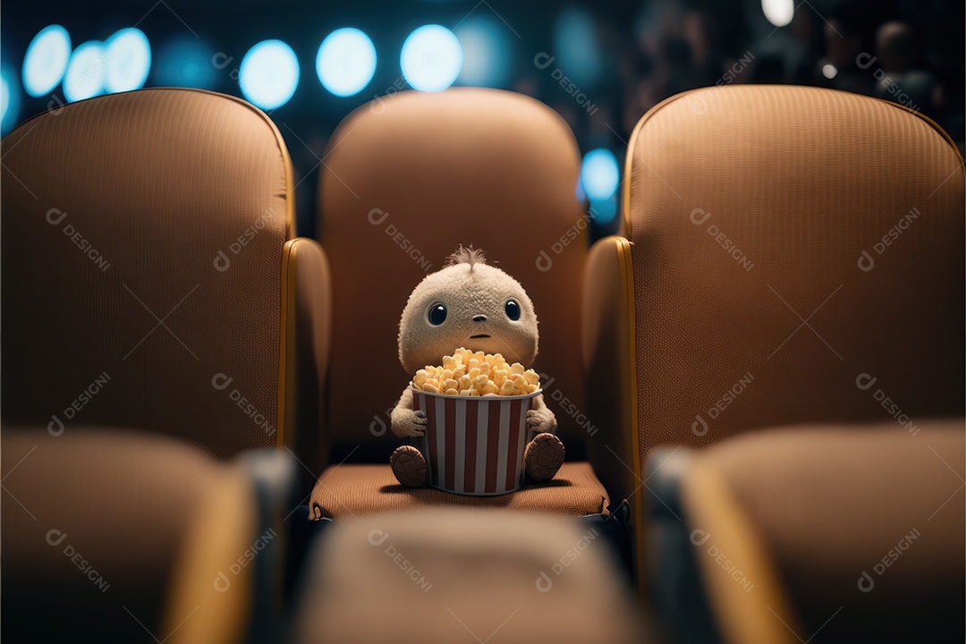 Brinquedo de pelúcia com balde de pipoca em cima da cadeira do cinema assistindo a um filme. Conceito de cinema