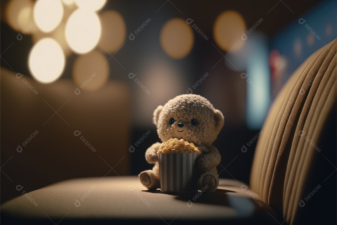 Brinquedo de pelúcia com balde de pipoca em cima da cadeira do cinema assistindo a um filme. Conceito de cinema