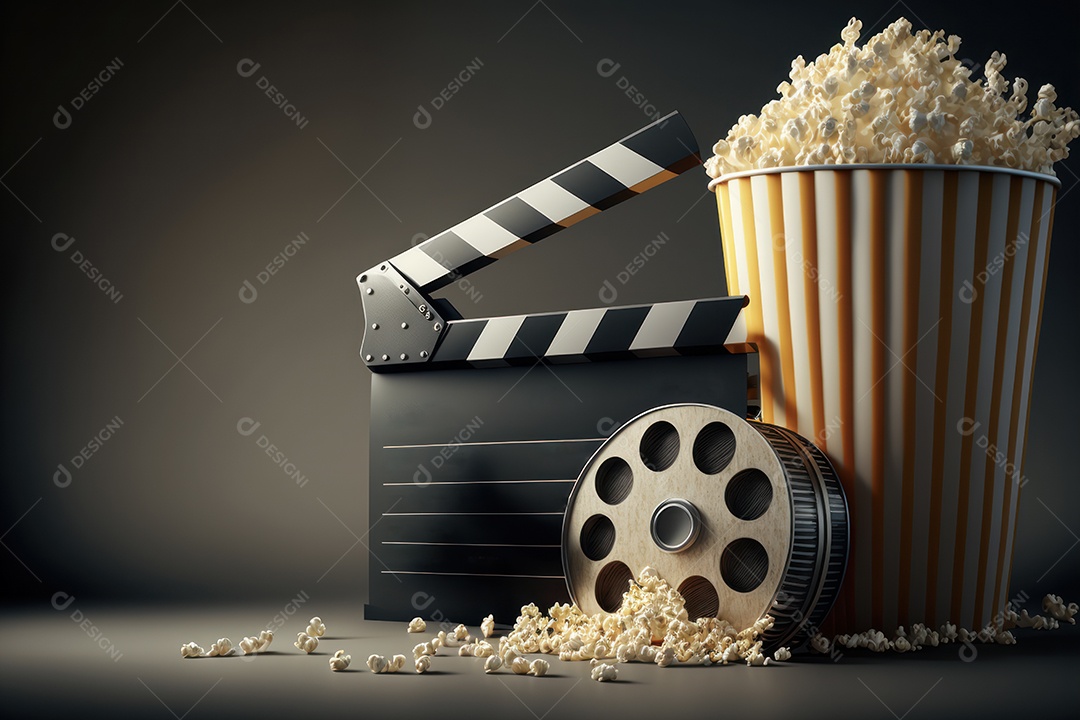 Balde de pipoca e refrigerante grande na bandeja em cima do assento do cinema com lounge e telão