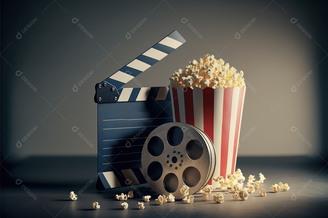 Balde de pipoca e refrigerante grande na bandeja em cima do assento do cinema com lounge e telão