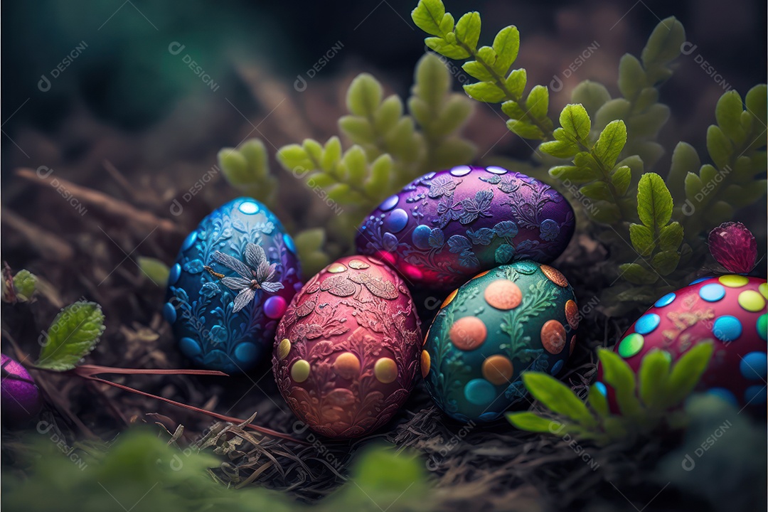 Ovos de páscoa coloridos escondidos na grama no jardim do quintal da casa, celebração da páscoa
