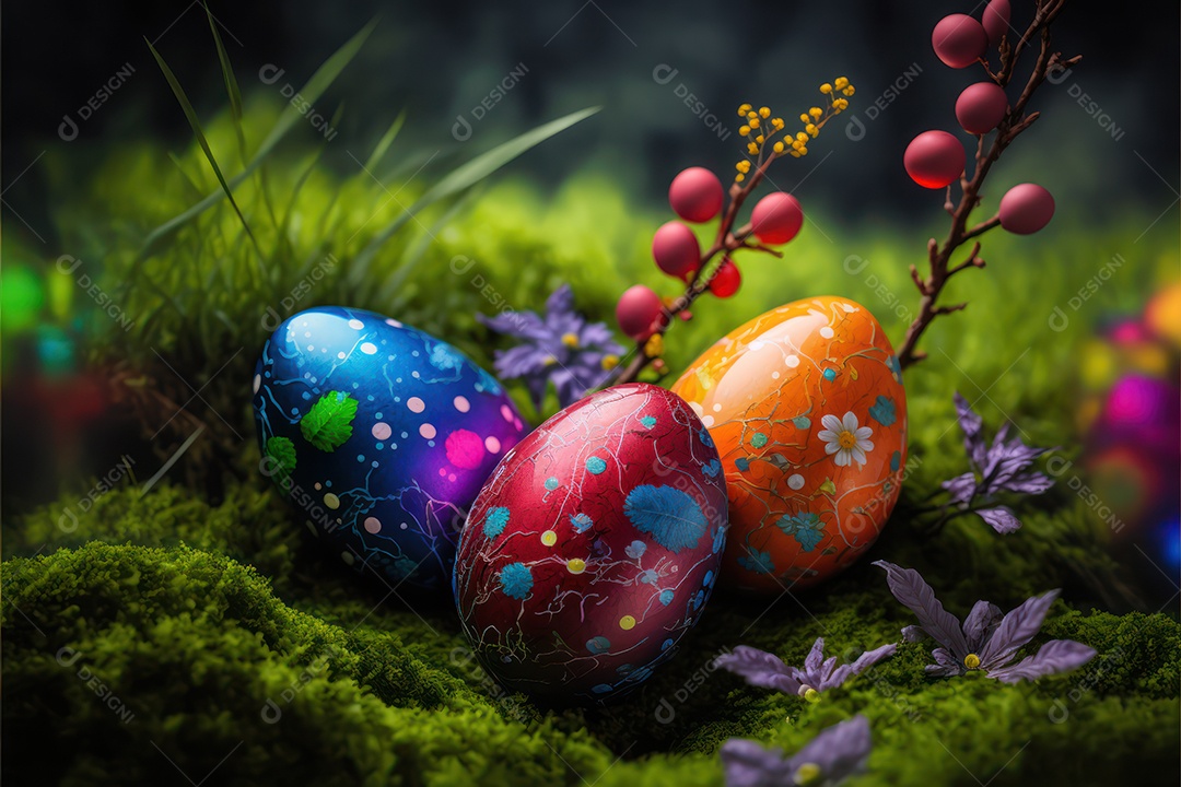 Ovos de páscoa coloridos escondidos na grama no jardim do quintal da casa, celebração da páscoa