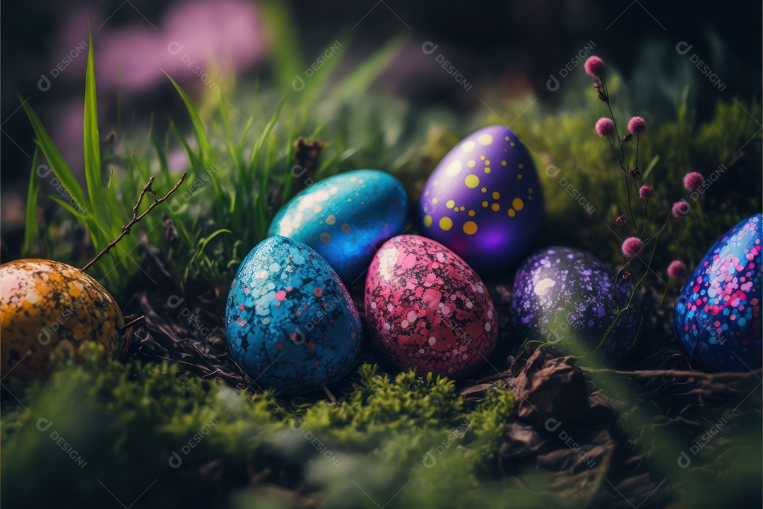 Ovos de páscoa coloridos escondidos na grama no jardim do quintal da casa, celebração da páscoa