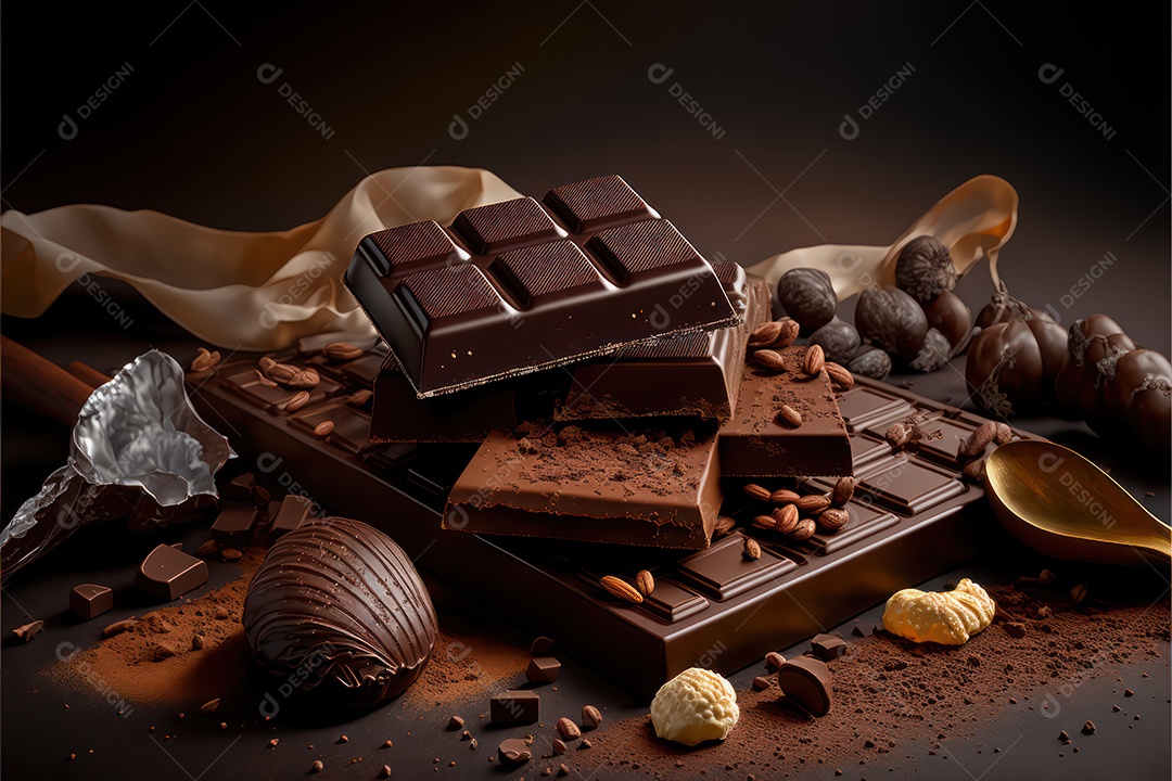 Ovos de páscoa de chocolate ao leite com design em relevo com doces e biscoitos na cesta de celebração da páscoa