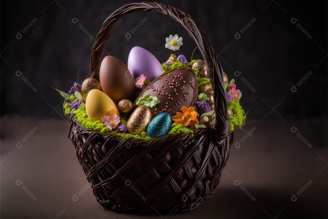 Ovos de páscoa de chocolate ao leite com design em relevo com doces e biscoitos na cesta de celebração da páscoa