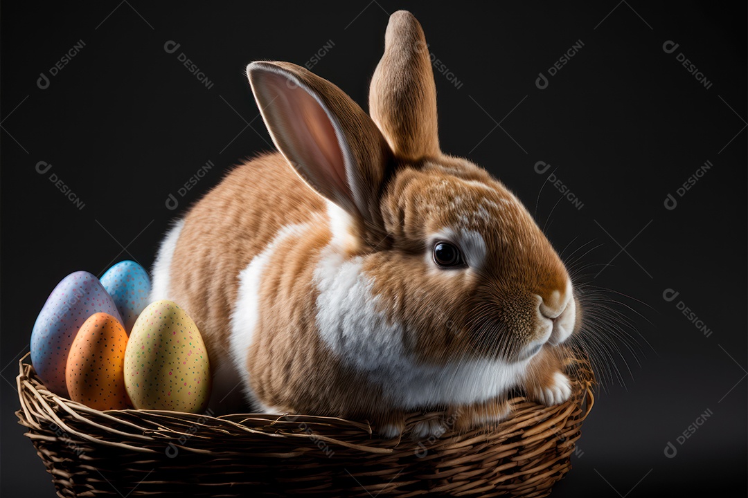 Coelhinho da Páscoa dentro da cesta de celebração da Páscoa com ovos coloridos, doces e biscoitos