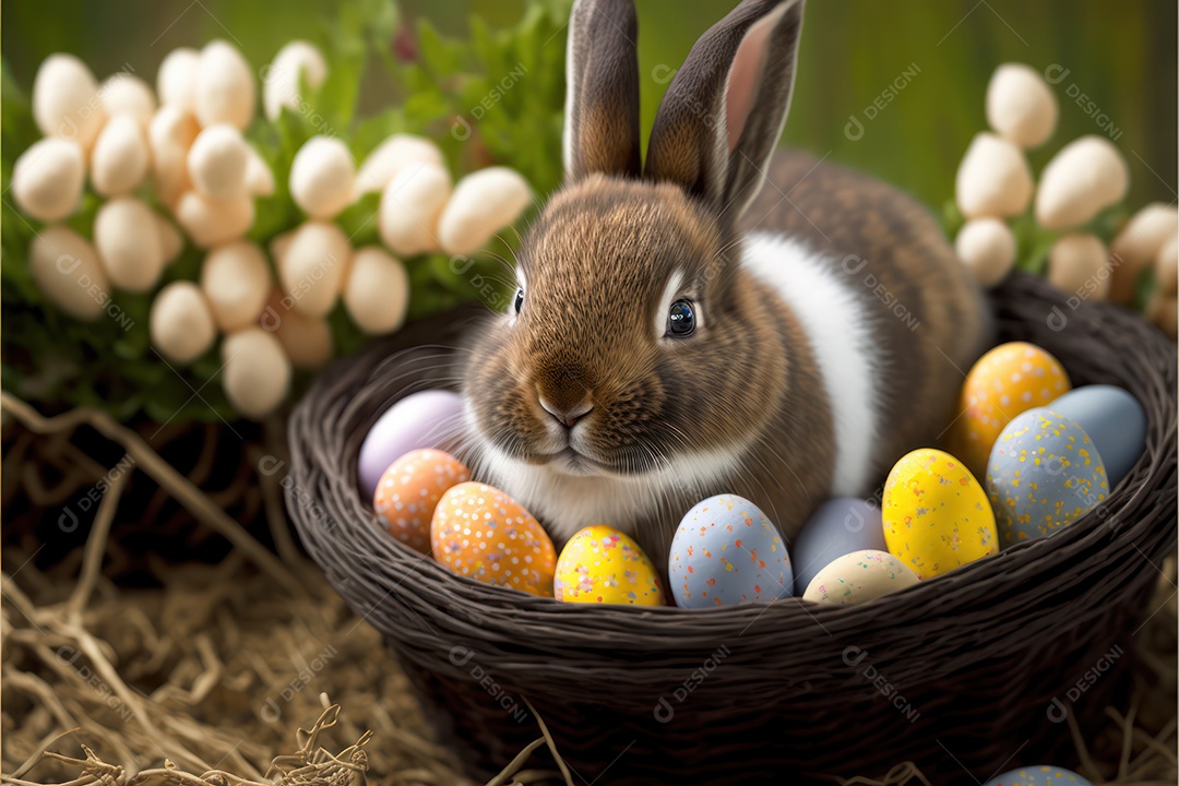 Coelhinho da Páscoa dentro da cesta de celebração da Páscoa com ovos coloridos, doces e biscoitos