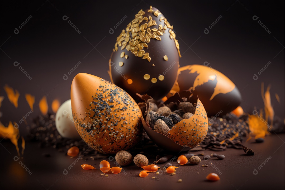 Ovos de páscoa de chocolate ao leite coloridos com recheio e desenhos em relevo, celebração da páscoa