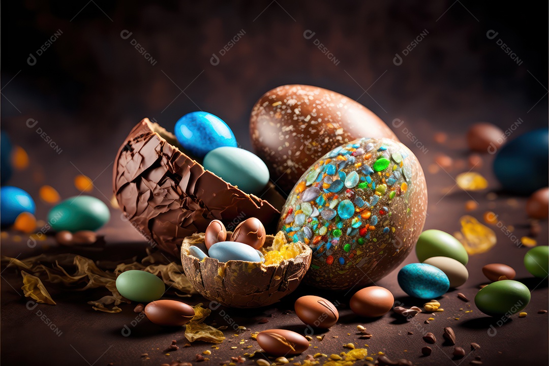 Ovos de páscoa de chocolate ao leite coloridos com recheio e desenhos em relevo, celebração da páscoa