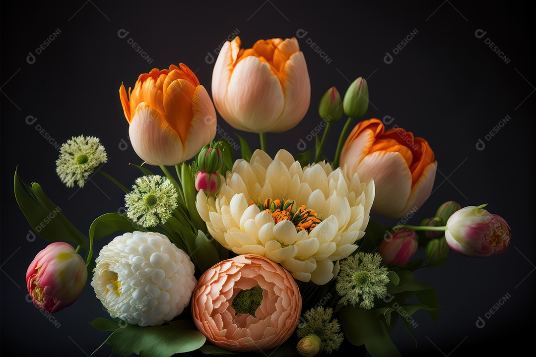 Flores da Páscoa em um buquê de flores da primavera, como tulipas e dálias, simbolizando a beleza da Páscoa