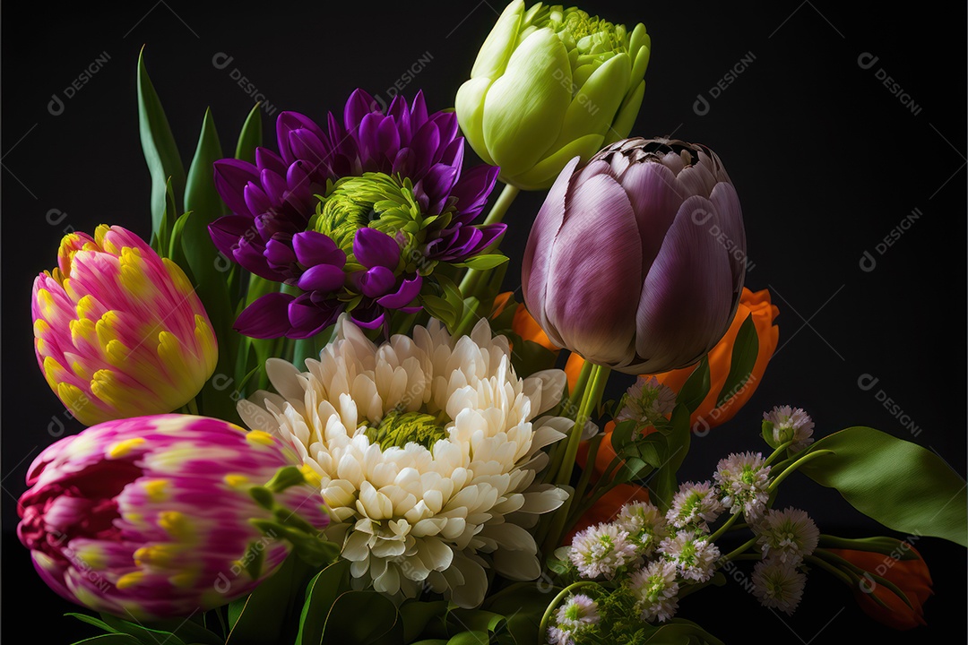 Flores da Páscoa em um buquê de flores da primavera, como tulipas e dálias, simbolizando a beleza da Páscoa