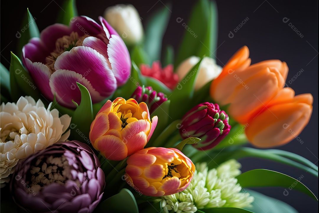 Flores da Páscoa em um buquê de flores da primavera, como tulipas e dálias, simbolizando a beleza da Páscoa