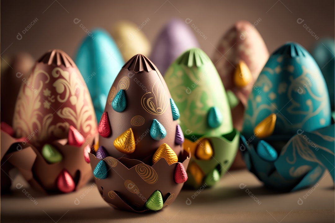 Pequenos ovos de páscoa em papel colorido de chocolate ao leite dentro da cesta na celebração da páscoa