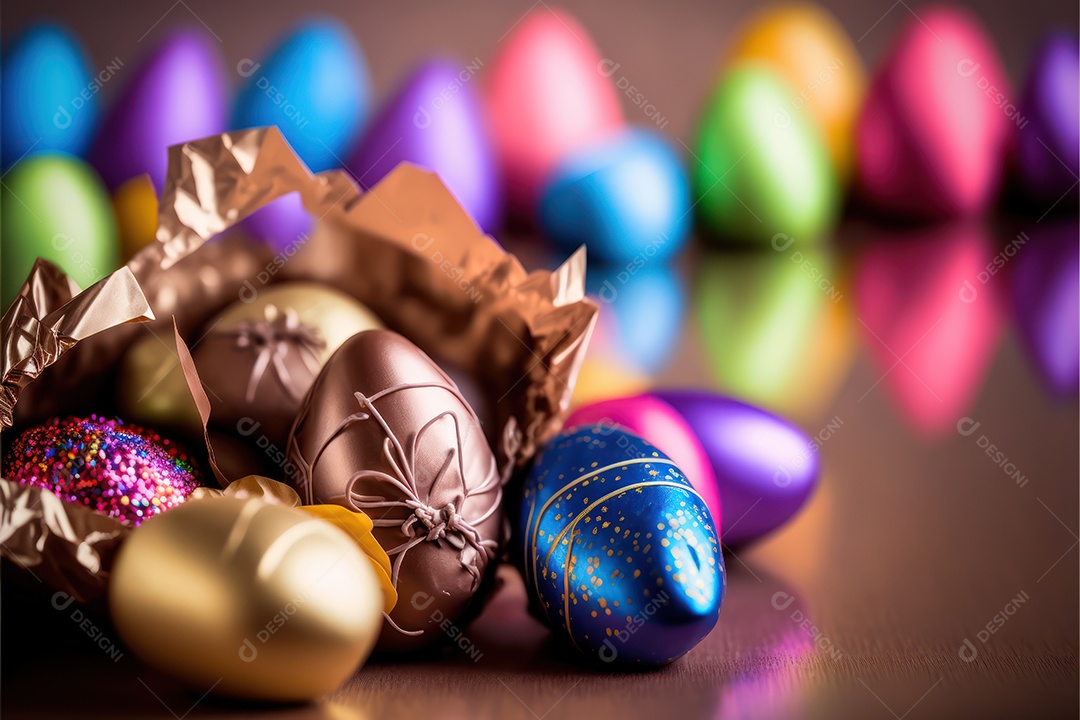 Pequenos ovos de páscoa em papel colorido de chocolate ao leite dentro da cesta na celebração da páscoa