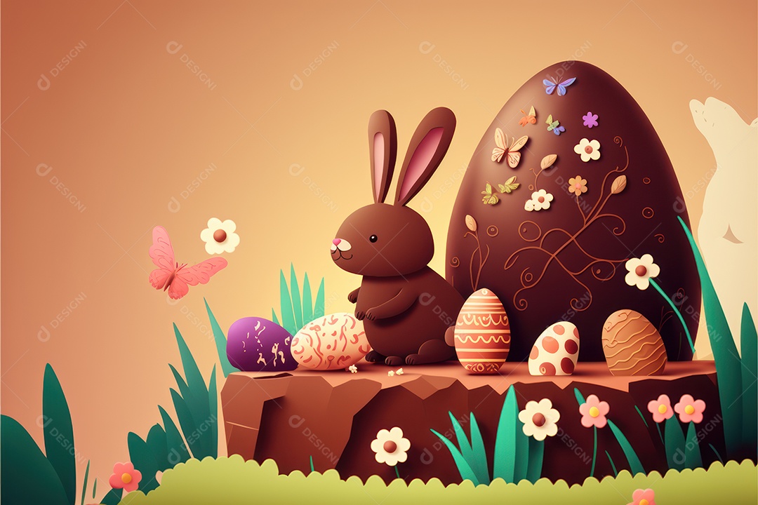 Fundo colorido bonito na celebração da páscoa com balões, ovos coloridos e coelhinhos da páscoa