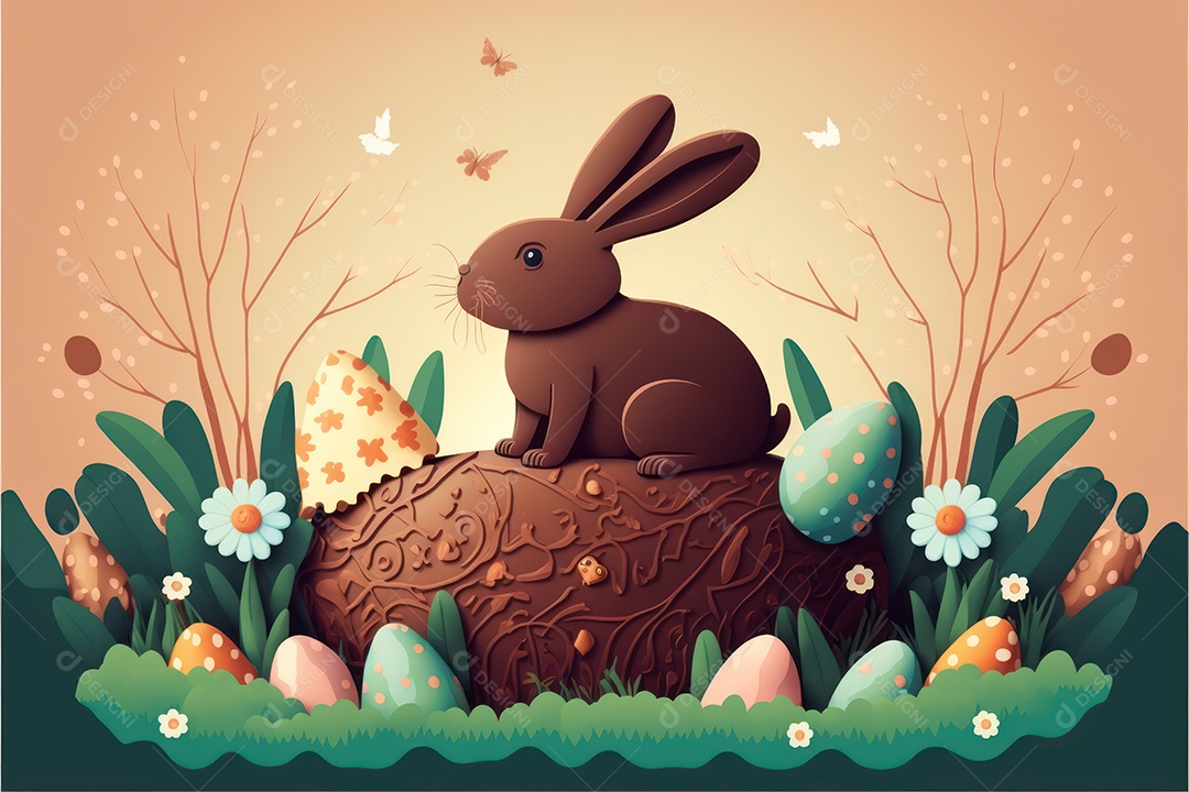 Fundo colorido bonito na celebração da páscoa com balões, ovos coloridos e coelhinhos da páscoa