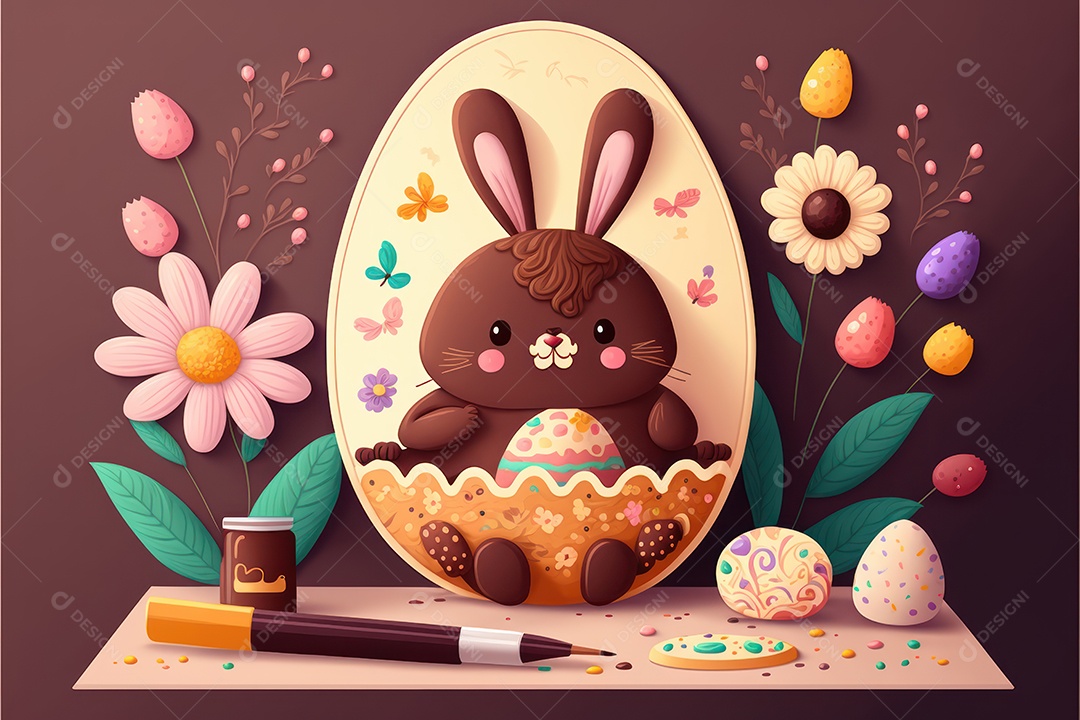 Fundo colorido bonito na celebração da páscoa com balões, ovos coloridos e coelhinhos da páscoa